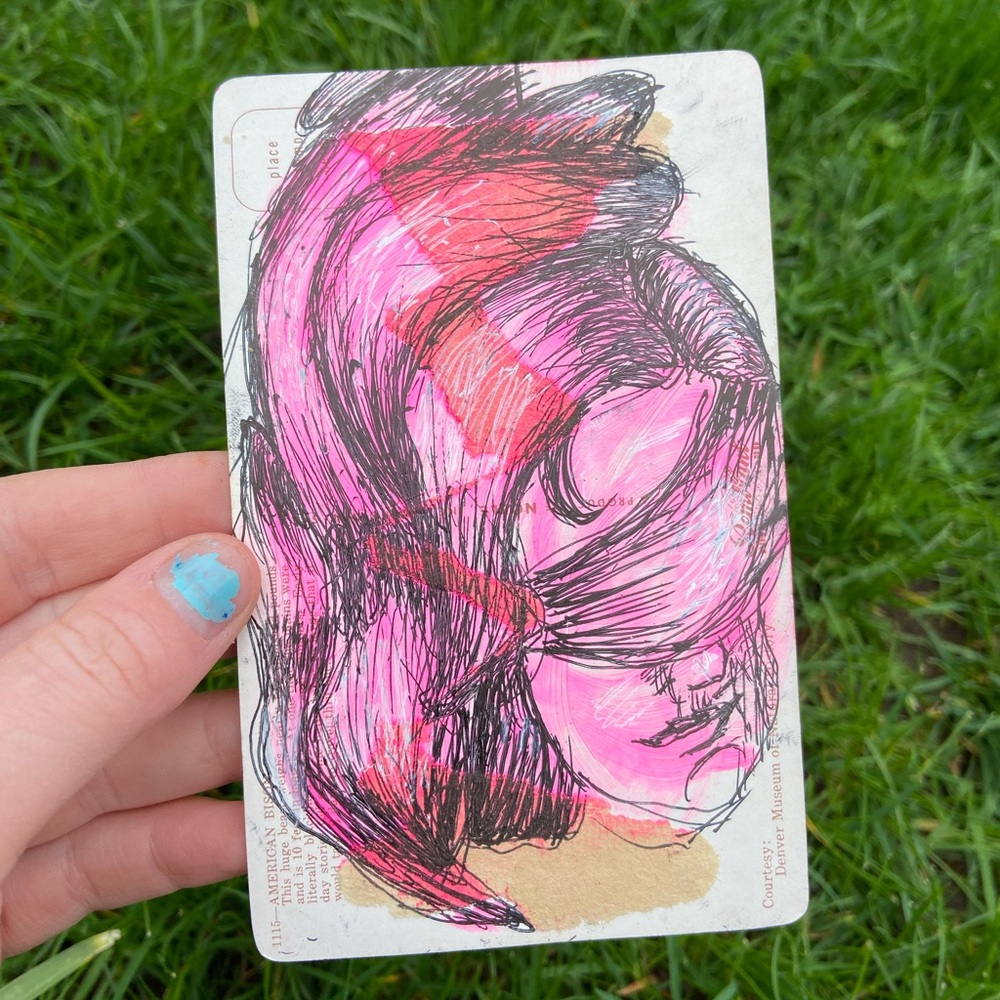 Abstract Pink and Black Art on Vintage Post Card